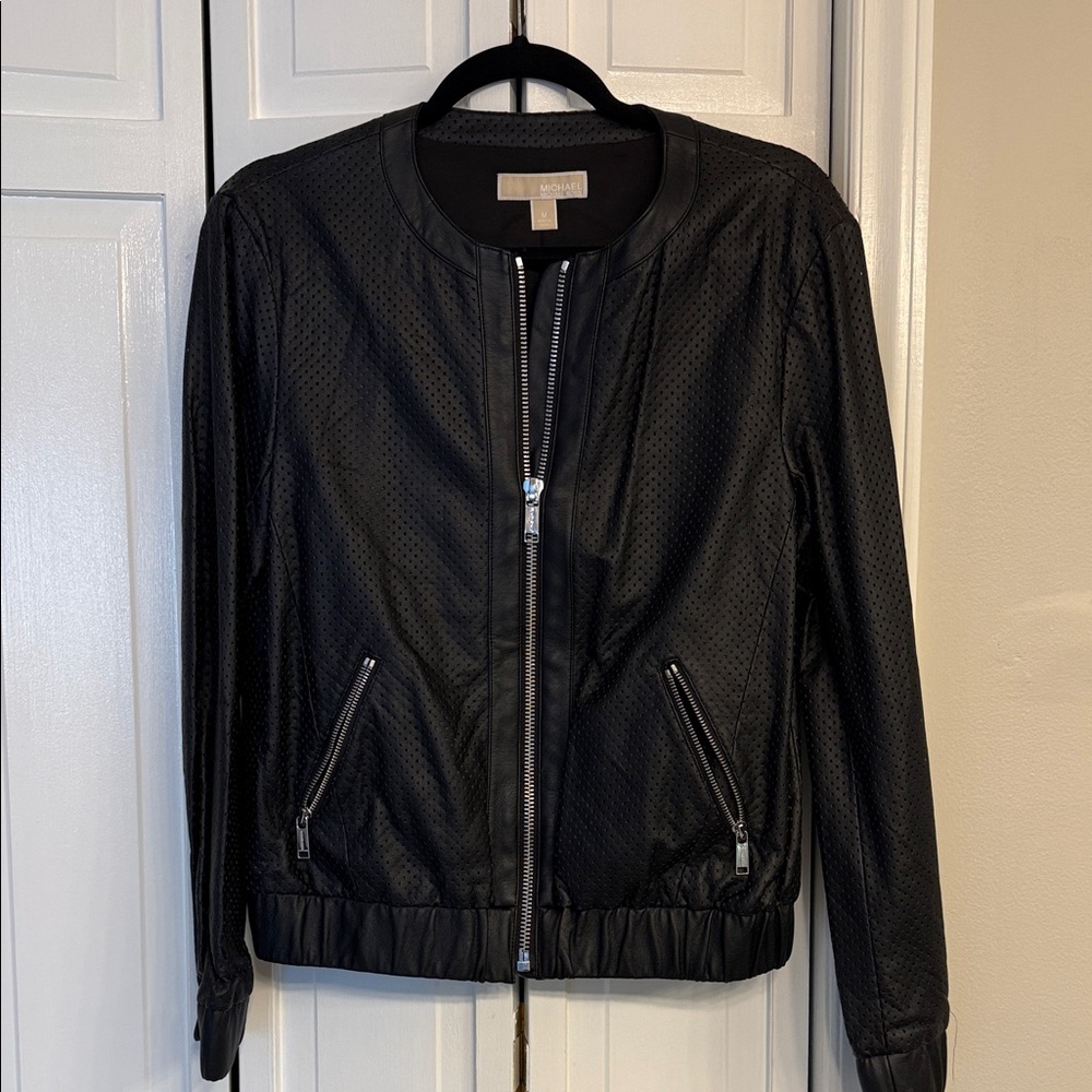 MICHAEL Michael Kors Black Perforated Faux Leather Zip Bomber Jacket